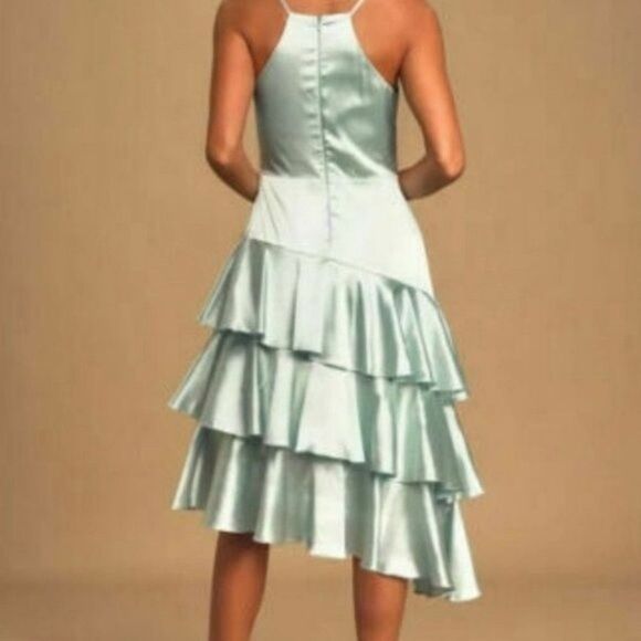Lulus Mint Blue Satin Tiered Asymmetrical Midi Dress - Picture 9 of 14